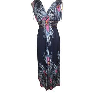 Womans Peacock Print V-Neck Sundress Maxi Dress Stretch Smock Waist Small